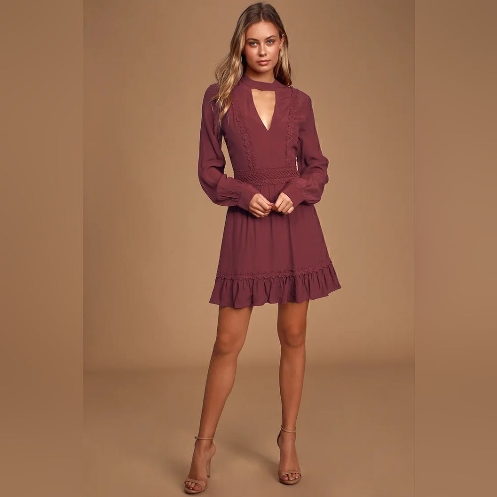 LULU'S Women's Fall for Me Burgundy Red Long Sleeve Mini Flounce Dress Small